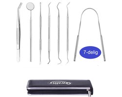 Tandarts Set met Etui – 7 Tools - Gebit Verzorging Setje - Tandartshaakje - Tandplak verwijderen - Mond spiegel - Tongschraper – Qwality
