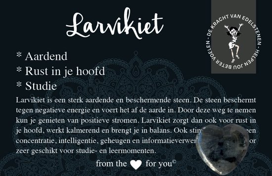 Edelsteen larvikiet - hartje 2cm - bij studie/leren - met betekeniskaartje - leuk cadeau - in cellofaan geschenkzakje