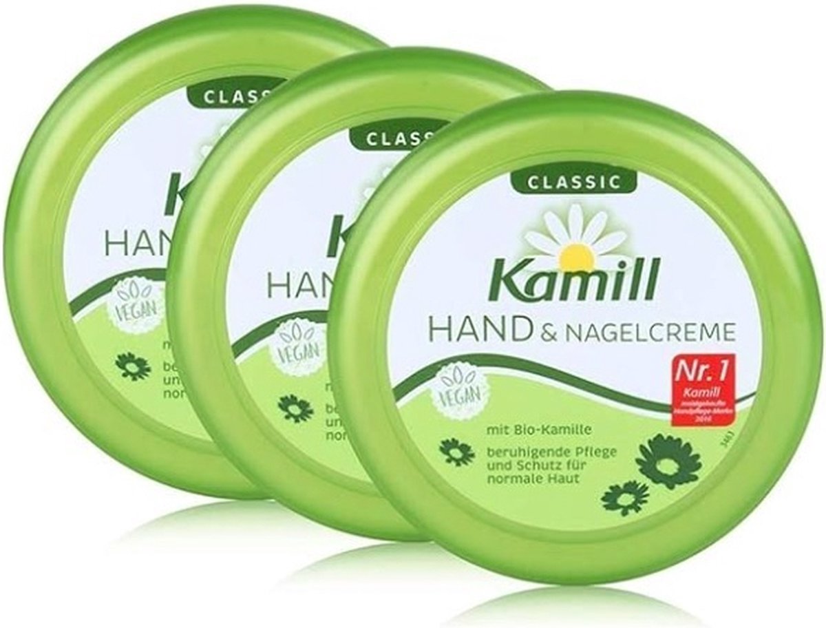 Voordeelverpakking 3 x 150 ml Kamill Hand- en nagelcrème Classic Pot - Handcrème met bio kamille - Biologisch - Vegan - Hand & nail cream jar