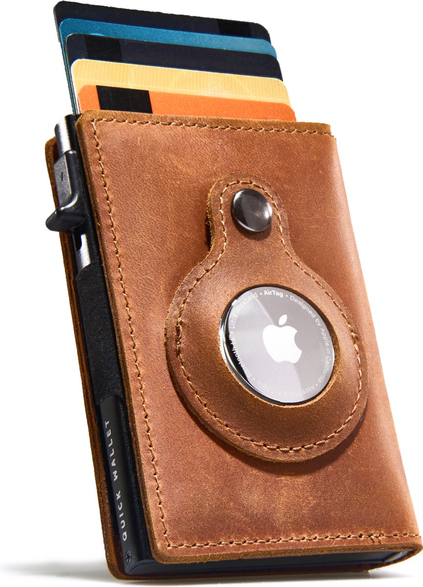 QuickWallet AirTag Pasjeshouder - Pasjeshouder Uitschuifbaar - Portemonnee Heren & Dames - Kaarthouder - Portefeuille - Hoge Kwaliteit - Echt Leer - Luxe Giftbox - Bruin