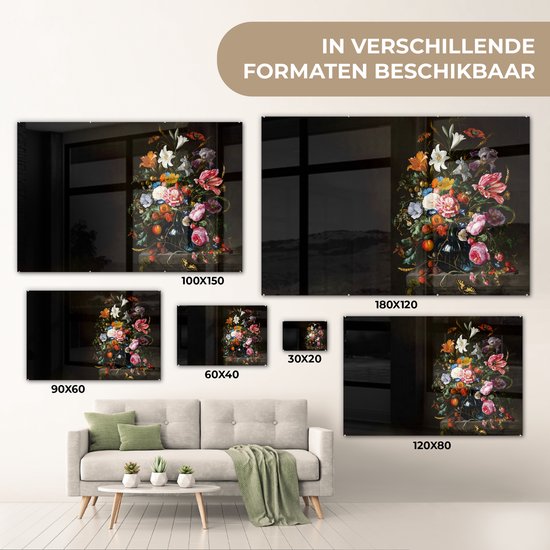 MuchoWow® Glasschilderij 150x100 cm - Schilderij acrylglas - Oude meesters - Kunst - Vaas met bloemen - Jan Davidsz de Heem - Foto op glas - Schilderijen