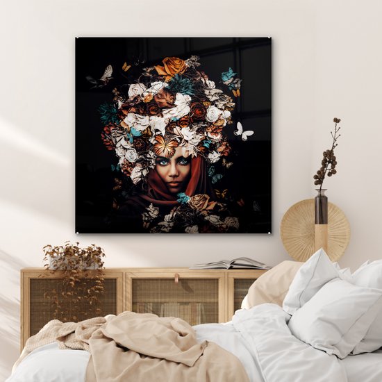 Peinture sur Verre - Fleurs - Papillon - Femmes - Foulard - 90x90 cm - Peintures sur Verre Peintures - Photo sur Glas
