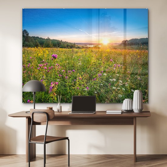 MuchoWow® Peinture sur verre 160x120 cm - Peinture sur verre acrylique - Soleil - Herbe - Fleurs - Photo sur verre - Peintures