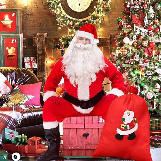 Costume de Père Noël, costume de Père Noël 7 pièces pour homme avec chapeau, barbe, ceinture et sac de Père Noël, rouge-blanc