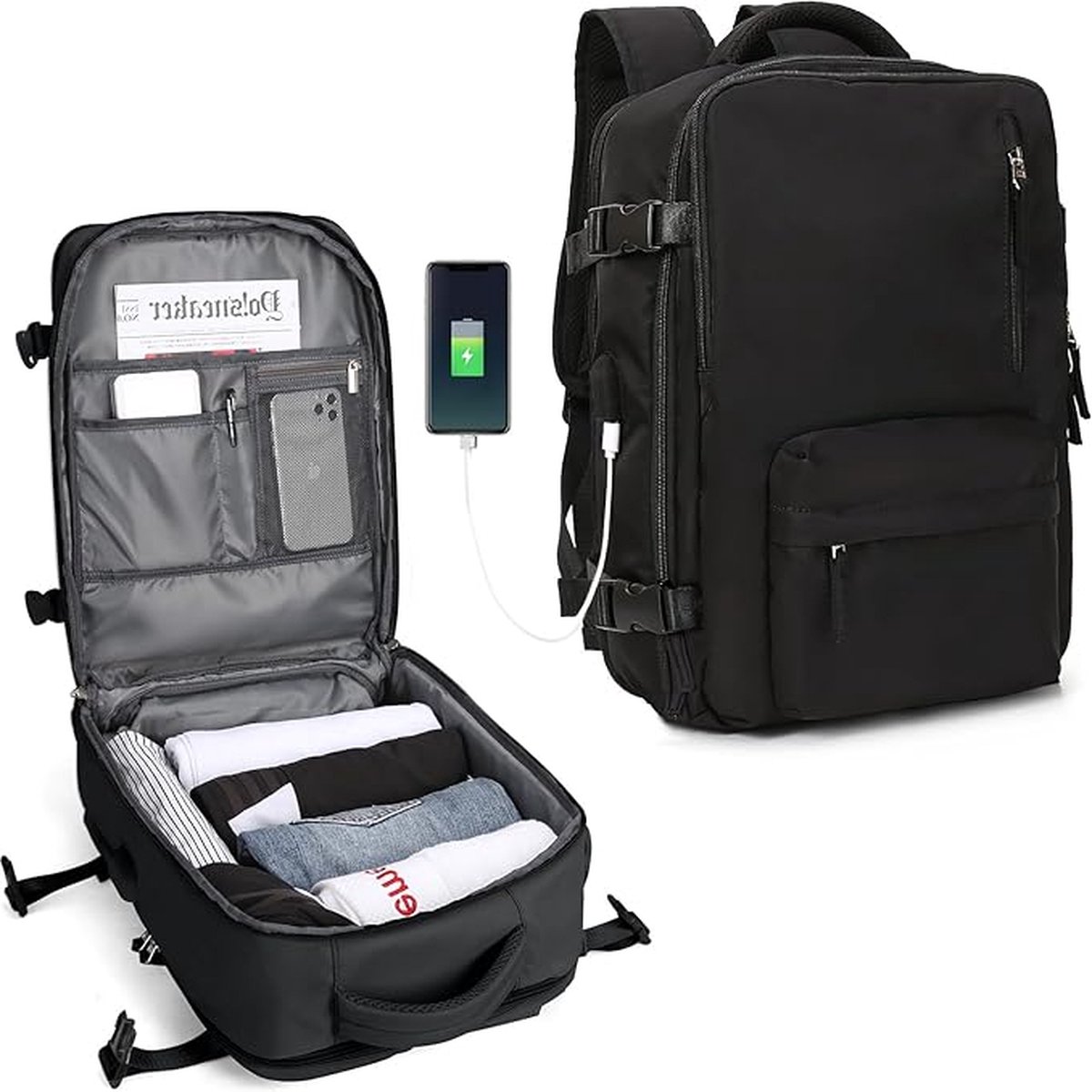 Handbagage Reistas voor Vrouwen en Mannen - Flightbag en Rugzak met Cabin Size Laptopvak, USB-Oplaadpoort en Schoenencompartiment