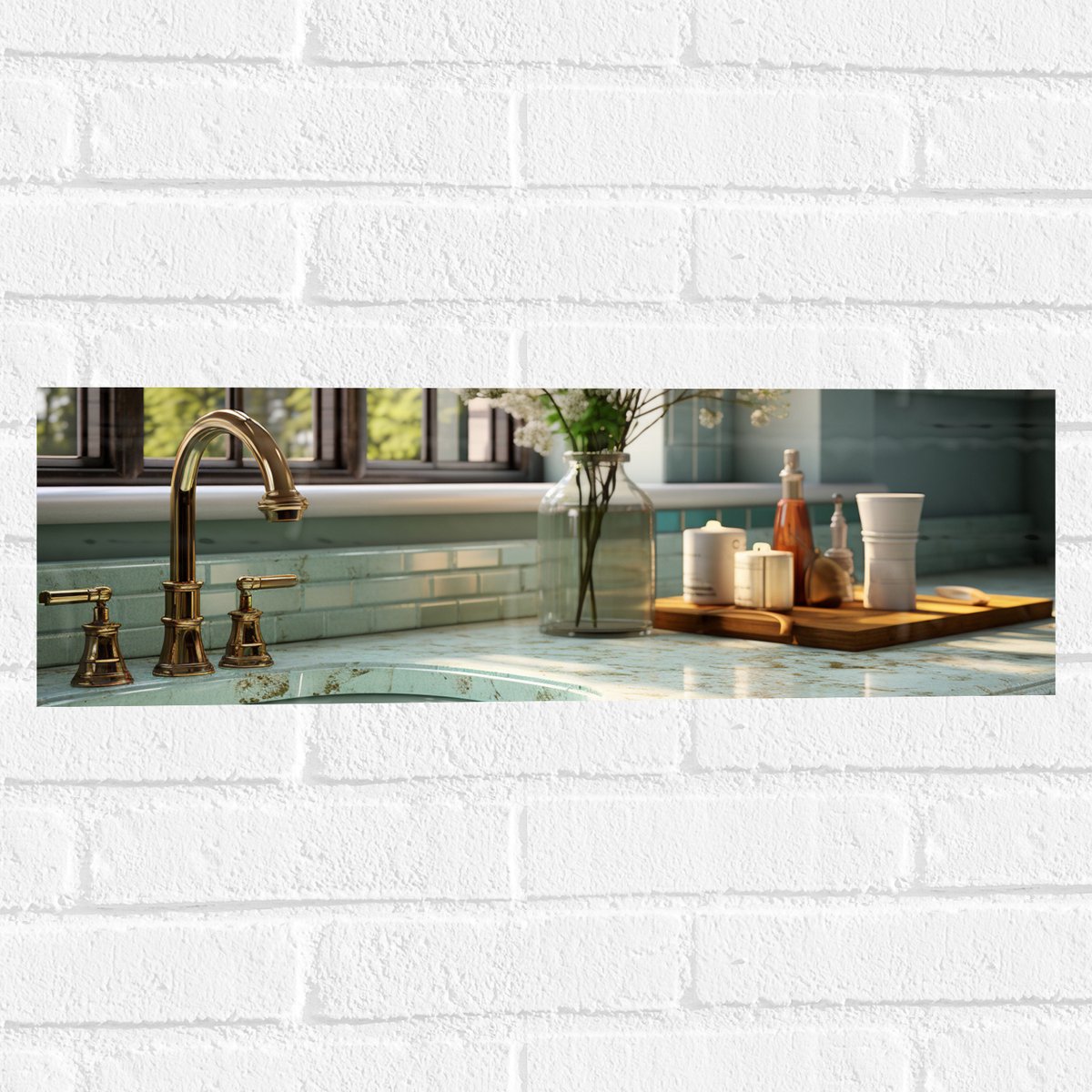 Muursticker - Keuken - Aanrecht - Wasbak - Bloemen - Raam - Kraan - Marmer - Goud - 60x20