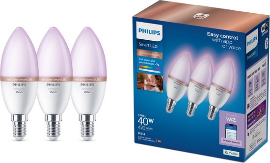 Philips Kaarslamp 40W C37 E14 x3, Intelligente verlichting, Wi-Fi/Bluetooth, Wit, LED, E14, Variabel