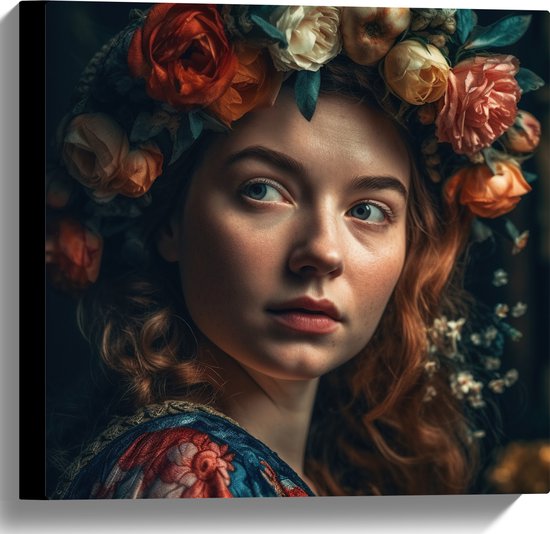 Canvas - Vrouw - Gezicht - Haarband - Bloemen - 40x40 cm Foto op Canvas Schilderij (Wanddecoratie op Canvas)