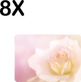 BWK Luxe Placemat - Witte Roos met Roze Gloed - Set van 8 Placemats - 35x25 cm - 2 mm dik Vinyl - Anti Slip - Afneembaar
