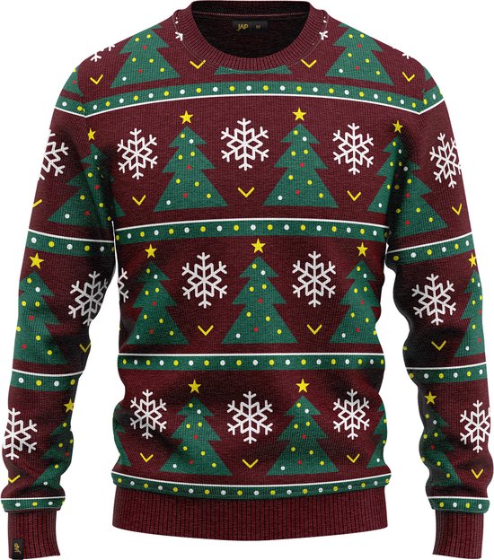 Kersttrui met bordeauxrode, groene en witte kerstboom- en sneeuwvlokkenprint. Het is een gebreide trui.