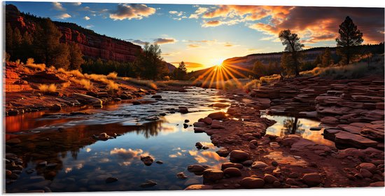 Acrylglas - Water - Stenen - Zon - Bergen - Zonsondrgang - Bomen - 100x50 cm Foto op Acrylglas (Wanddecoratie op Acrylaat)