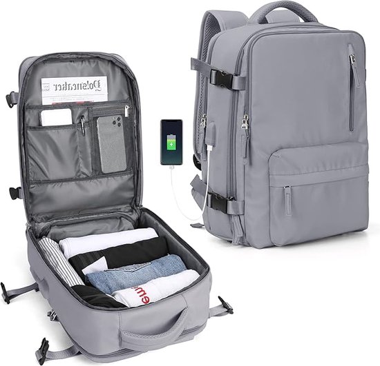 Foto: Handbagage reistas voor vrouwen en mannen laptoptas flightbag en rugzak met cabin size laptopvak usb oplaadpoort en schoenencompartiment