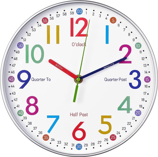 Telling Time Teaching Clock - Leren Klok voor Kinderen - Kinderen Wandklokken voor Slaapkamers - Kids Wandklok - Stille Analoge Kinderen Klok voor Leertijd, voor School Klaslokalen Speelkamers en