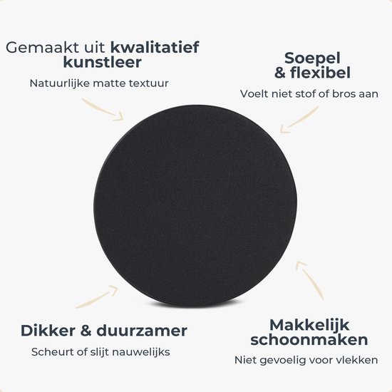 Sous-verre rond noir en similicuir, avec des flèches indiquant la texture, la flexibilité et la durabilité.