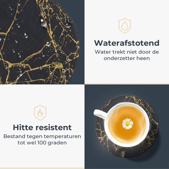 Sous-verres en cuir Castagnola avec support - Sous-verres de verre pour Verres - Design de Sous-verres - Ensemble de sous-verres - Sous-verres de verre - Cuir - Sous-verres en cuir - Set de 6 - Zwart/ Or