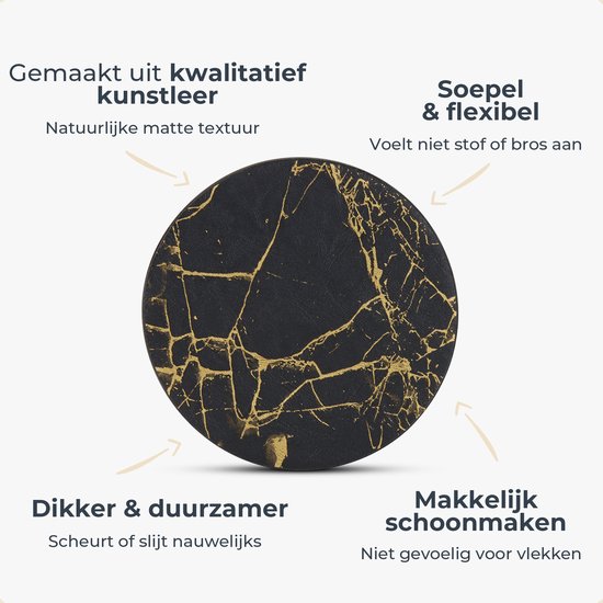 Sous-verres de verre Castagnola en similicuir avec support - Sous-verres de verre pour Verres - Design de Sous-verres - Ensemble de sous-verres - Sous-verres de verre - Similicuir - Sous-verres en cuir - Set de 10 - Zwart/ Or