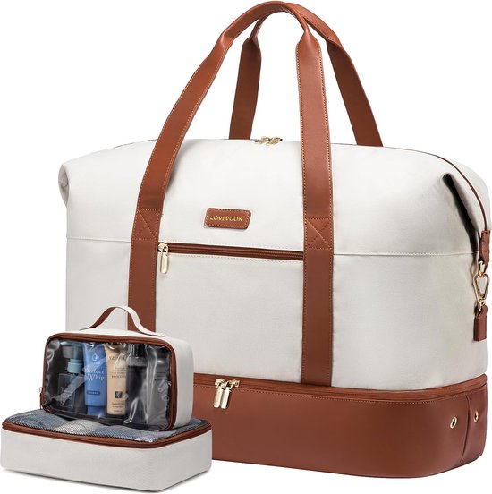 sac de voyage pour femme, sac de sport, sac de week-end pour avion, sac d'hôpital, naissance, sac polochon pour vêtements, sac de voyage avec trousse de toilette, compartiment à chaussures, beige + marron, sac de voyage