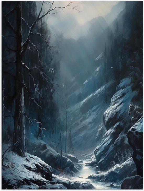 Poster Glanzend – Water - Sneeuw - Bomen - Bergen - Donker - 60x80 cm Foto op Posterpapier met Glanzende Afwerking