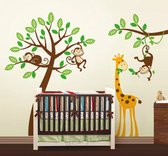 Muursticker Jungle Boom met Aapjes en Giraffe XXL (rechts) | Kinderkamer | Babykamer | Dieren | Decoratie Sticker | Kind | Jongenskamer