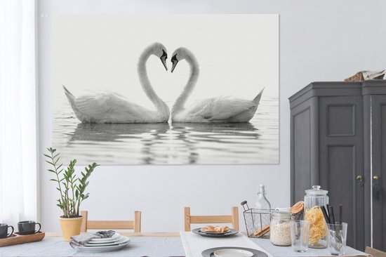 Canvas schilderij 150x100 cm - Wanddecoratie Twee zwanen die samen een hart vormen - zwart wit - Muurdecoratie woonkamer - Slaapkamer decoratie - Kamer accessoires - Schilderijen