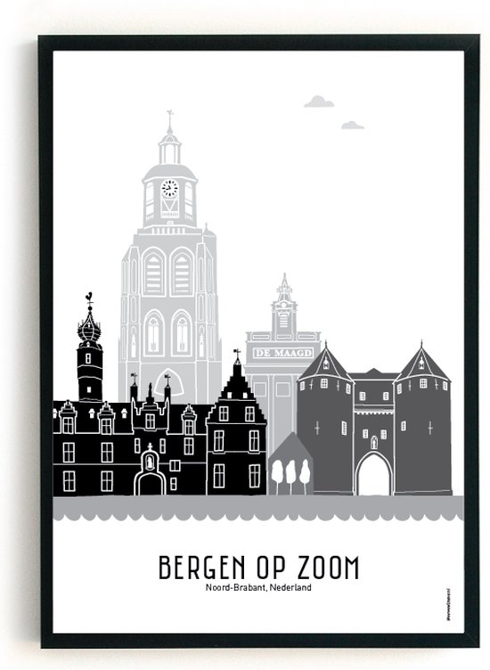 Skyline poster Bergen op Zoom zwart-wit-grijs | 50x70 cm