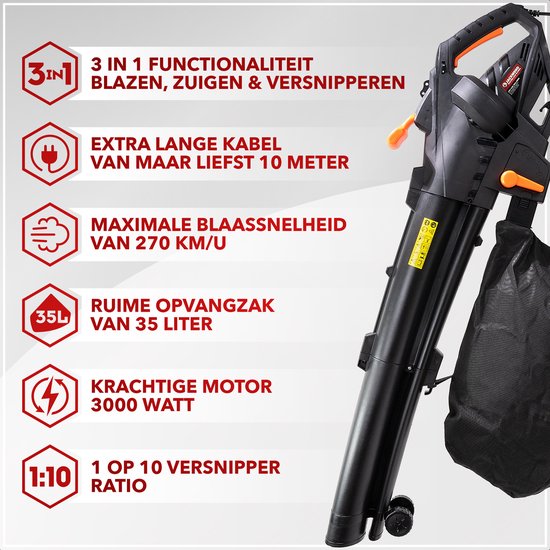 Zwarte bladblazer met oranje accenten, met tekst "3IN1 FUNCTIONALITEIT", "EXTRA LANGE KABEL 10 METER", "MAXIMALE BLAASSNELHEID 270 KM/U", "RUIME OPVANGZAK 35 LITER", "KRACHTIGE MOTOR 3000 WATT", "1:10 1 OP 10 VERSNIPPER RATIO".