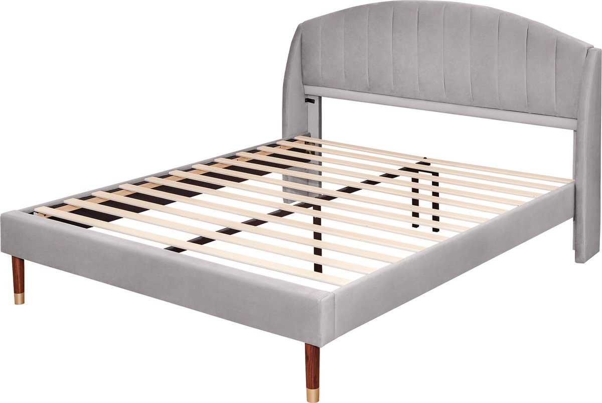 Gestoffeerd bed 160*200 met lattenbodem en hoofdeinde, jeugdbed, voor volwassenen en tieners, houten lattenbodem, eenvoudige montage, fluweel, grijs