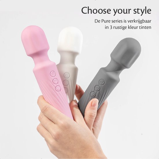 Trois vibrateurs rose, crème et gris, tenus par des mains. Titre : 'Choisissez votre style'.