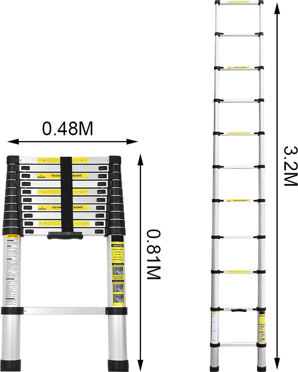 Telescopische Vouwladder - Telescopische Ladders - Soft Close - Werkhoogte 3,2 m - zilverachtig – foto 2