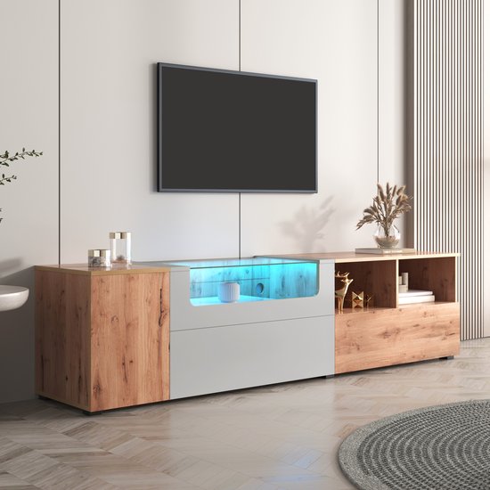 TV-kast lowboards - woonkamermeubel in lichtgrijs en houtkleuren - TV-meubel Met van kleur veranderende LED-verlichting en glazen blad met vakken en deuren - 190x40x48cm
