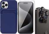 Hoesje Pasjeshouder geschikt voor iPhone 15 Pro Max - Screenprotector GlassGuard + Camera Lens Screen Protector Zwart - Siliconen Case Back Cover Blauw