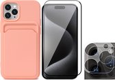 Hoesje Pasjeshouder geschikt voor iPhone 15 Pro Max - Screenprotector FullGuard + Camera Lens Screen Protector - Siliconen Case Back Cover Roze