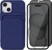Hoesje Pasjeshouder geschikt voor iPhone 15 Plus - Privacy Screenprotector FullGuard - Siliconen Case Back Cover Blauw & Screen Protector