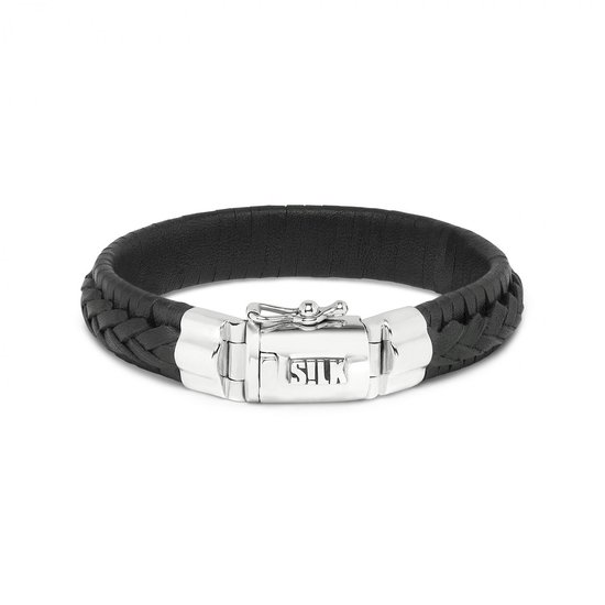 SILK Jewellery - Zilveren Armband - Weave - 742BLK.22 - zwart leer - Maat 22