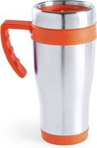 Warmhoudbeker/thermos isoleer koffiebeker/mok - RVS - zilver/oranje - 450 ml - Reisbeker