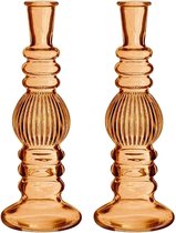 Kaarsen kandelaar Florence - 2x - zacht oranje glas - ribbel - D8,5 x H23 cm