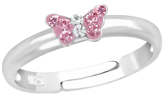 Joy|S - Zilveren vlinder ring - verstelbaar - roze kristal - voor kinderen