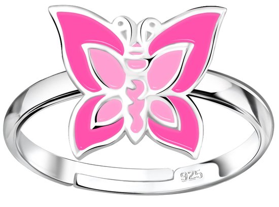 Joy|S - Zilveren vlinder ring - verstelbaar - roze - voor kinderen