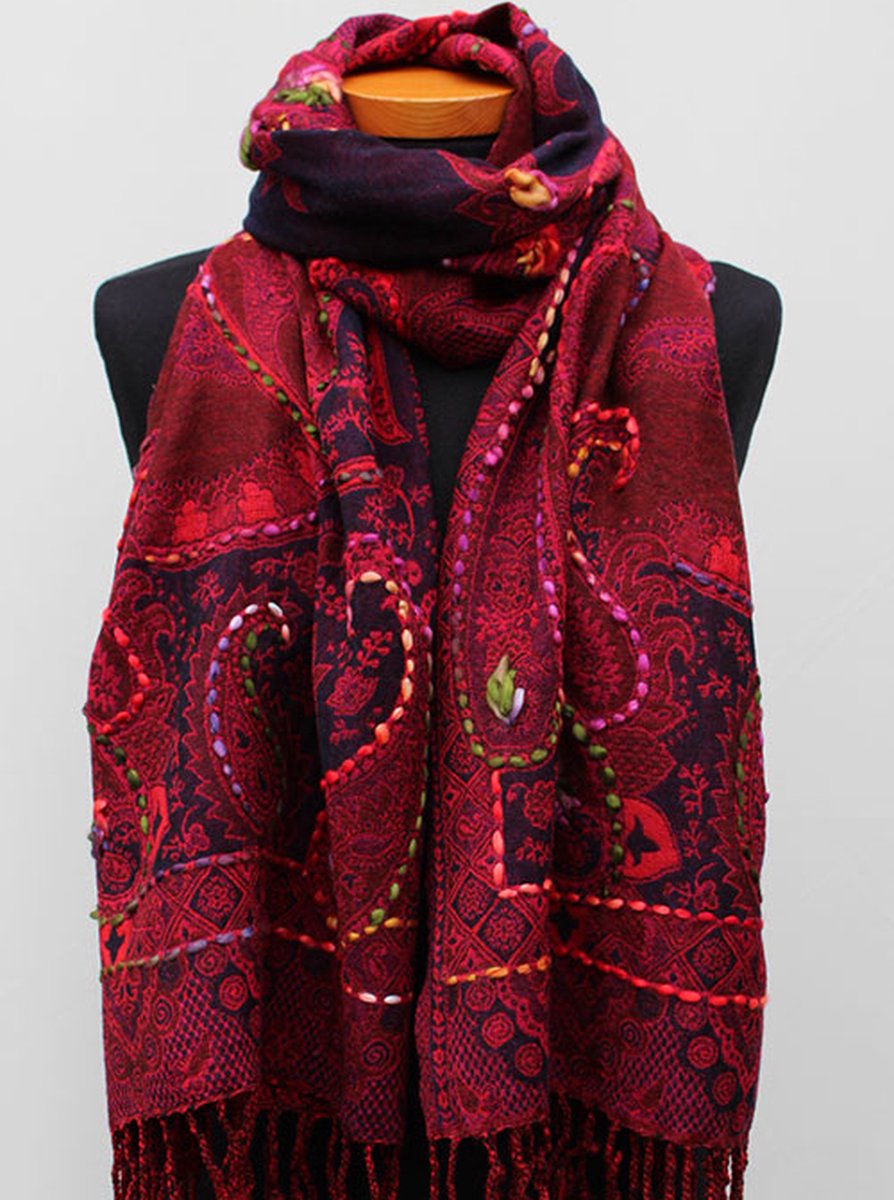 Wollen geborduurde sjaal en omslagdoek Paars-Rood