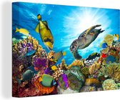 Canvas Schilderij Schildpad - Zee - Koraal - 30x20 cm - Wanddecoratie
