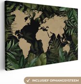 Canvas Wereldkaart - 180x120 - Wanddecoratie Wereldkaart - Bladeren - Bruin