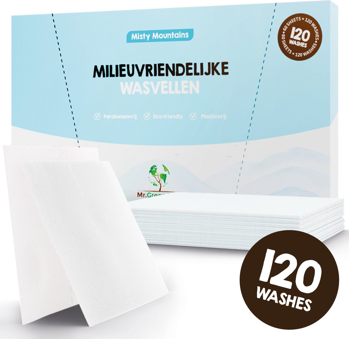 Goedkoopste Mr. Green Mind Wasstrips 120 Wasbeurten fris Misty Mountains Wasmiddel Wasstrips Wasmiddeldoekjes incl. wasverzachter