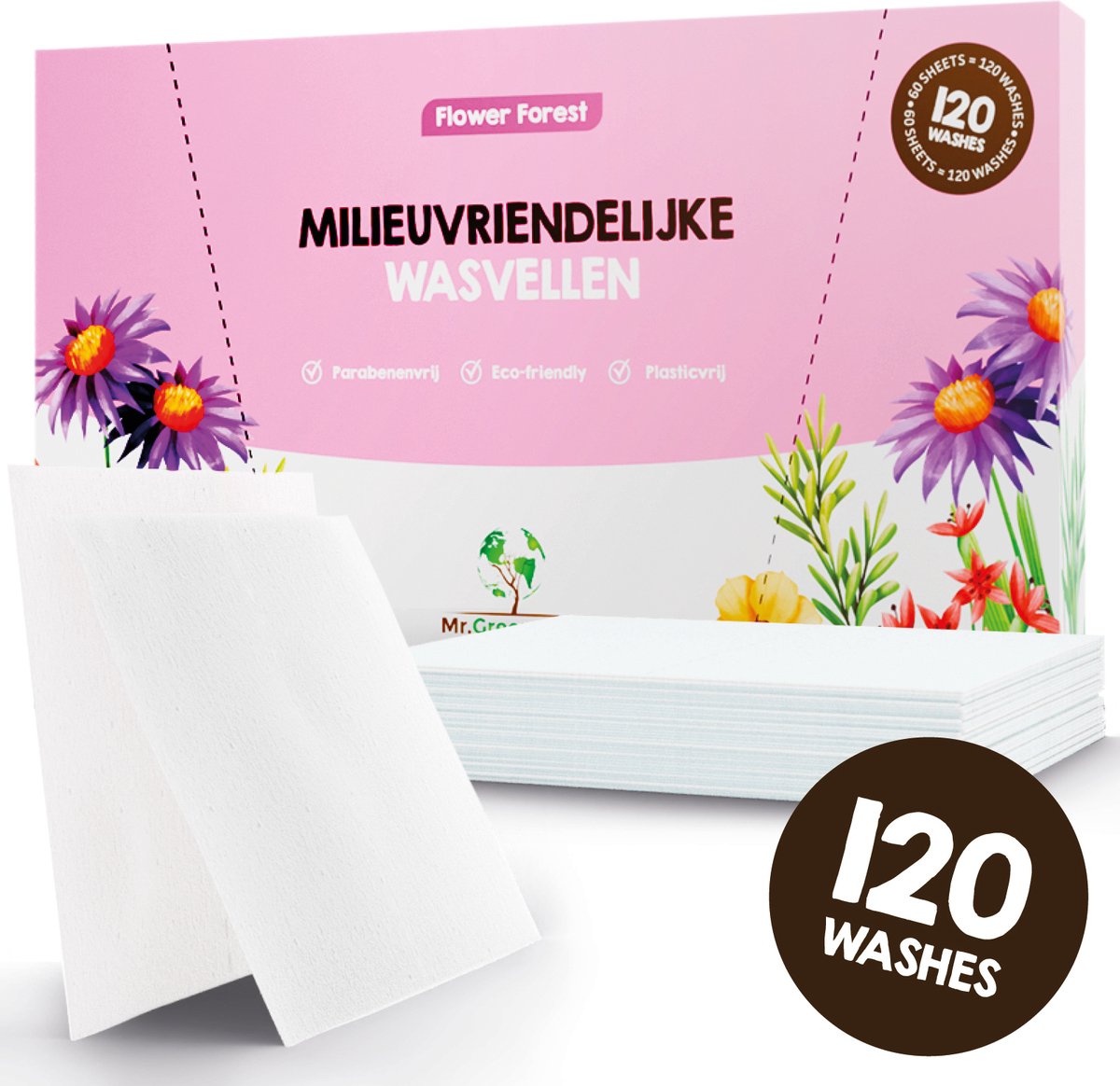 Goedkoopste Mr. Green Mind Wasstrips 120 Wasbeurten bloemig Flower Forest Wasmiddeldoekjes Wasvellen Wasdoekjes incl. wasverzachter