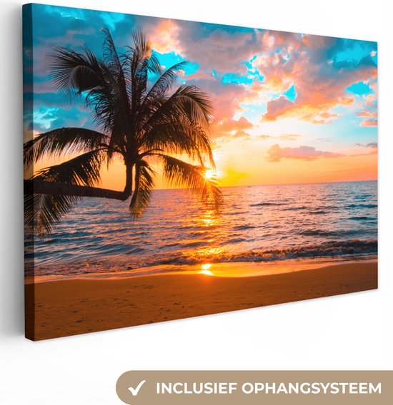 Canvas - Palmboom - Zon - Strand - Muurdecoratie - Interieur - Schilderij woonkamer - Canvas doek