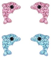 Joy|S - Zilveren dolfijn oorbellen - set 2 paar - roze blauw