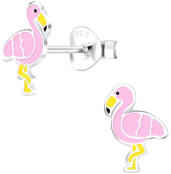 Joy|S - Zilveren Flamingo oorbellen - 7 x 9 mm - roze vogel - kinderoorbellen