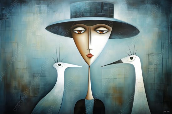 JJ-Art (Glas) 120x80 | Vrouw met hoed en vogels, modern minimalisme, abstract, kunst, woonkamer | mens, portret, blauw bruin, oranje, wit | Foto-schilderij-glasschilderij-acrylglas-acrylaat-wanddecoratie