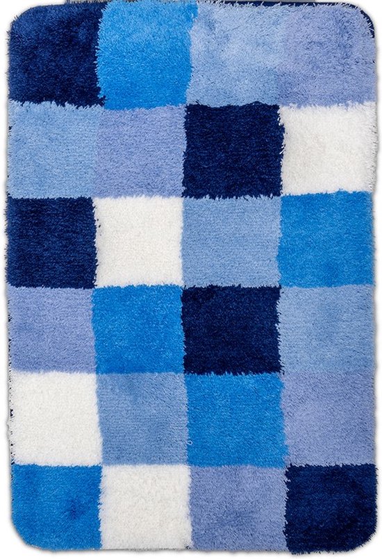 Blauw-witte geblokte badmat van Wicotex, 60x90 cm.