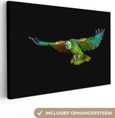 Perroquet volant sur une toile de fond noir 2cm 120x80 cm - Tirage photo sur toile (Décoration murale salon / chambre) / Peintures sur toile animaux sauvages