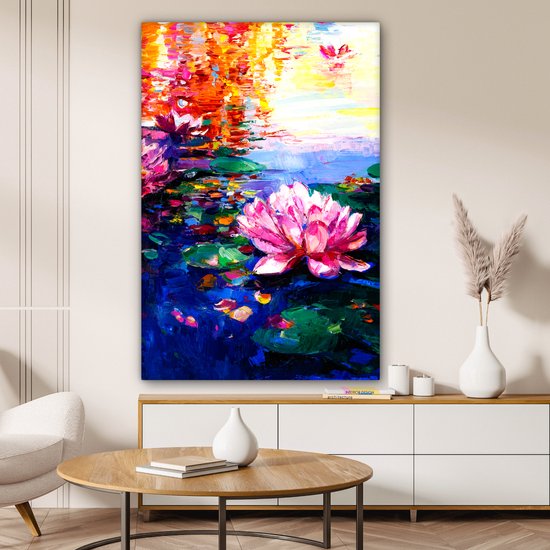 Toile - Peinture à l'huile - Fleurs - Water - Lys - Soleil - 80x120 cm - Décoration murale